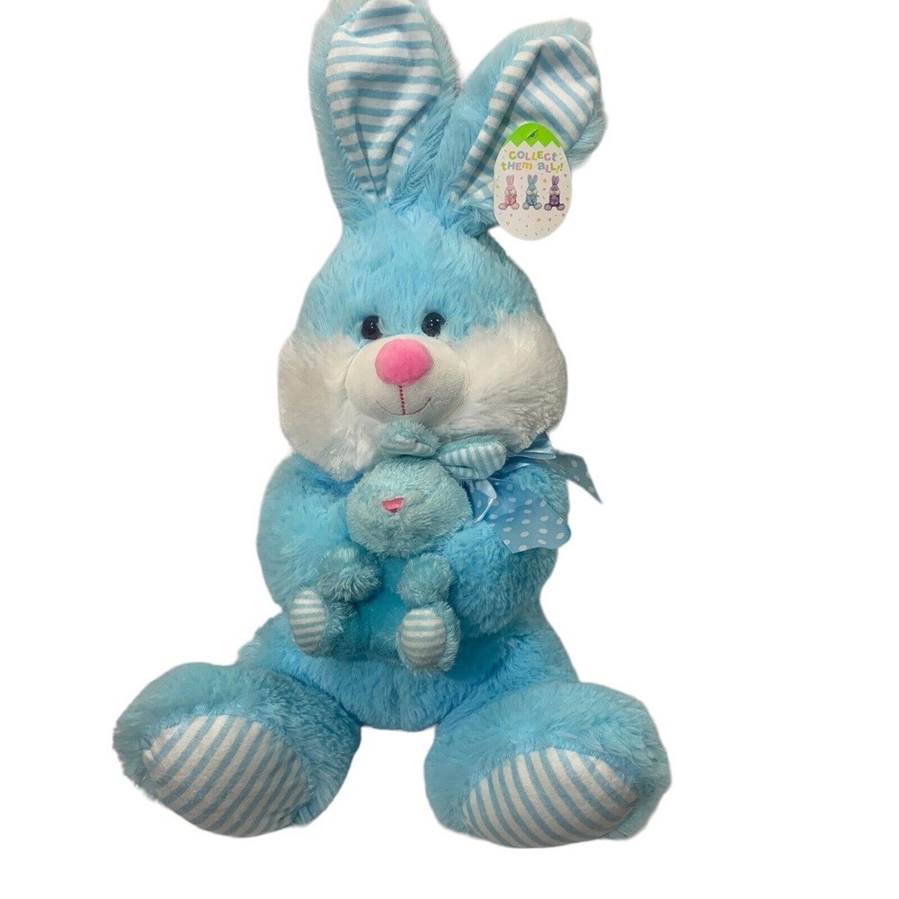 Easter Bunny Rabbit Plush Blue Mom and Baby Stuffed Animal 18" Sitting